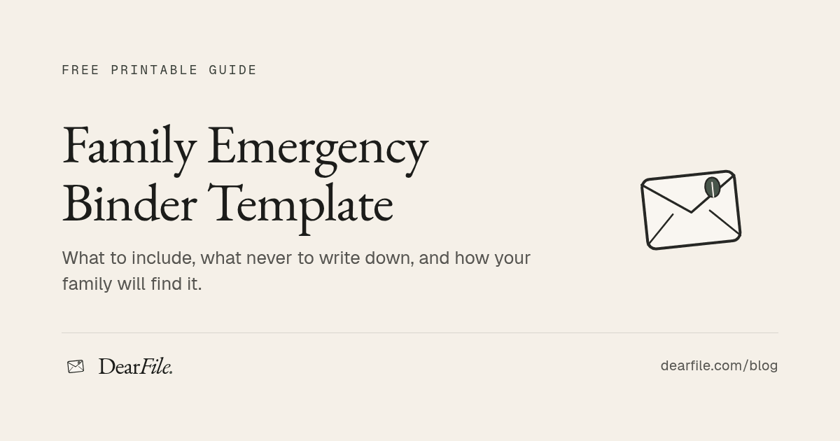 Family Emergency Binder Template: a free printable guide from DearFile, with an envelope icon